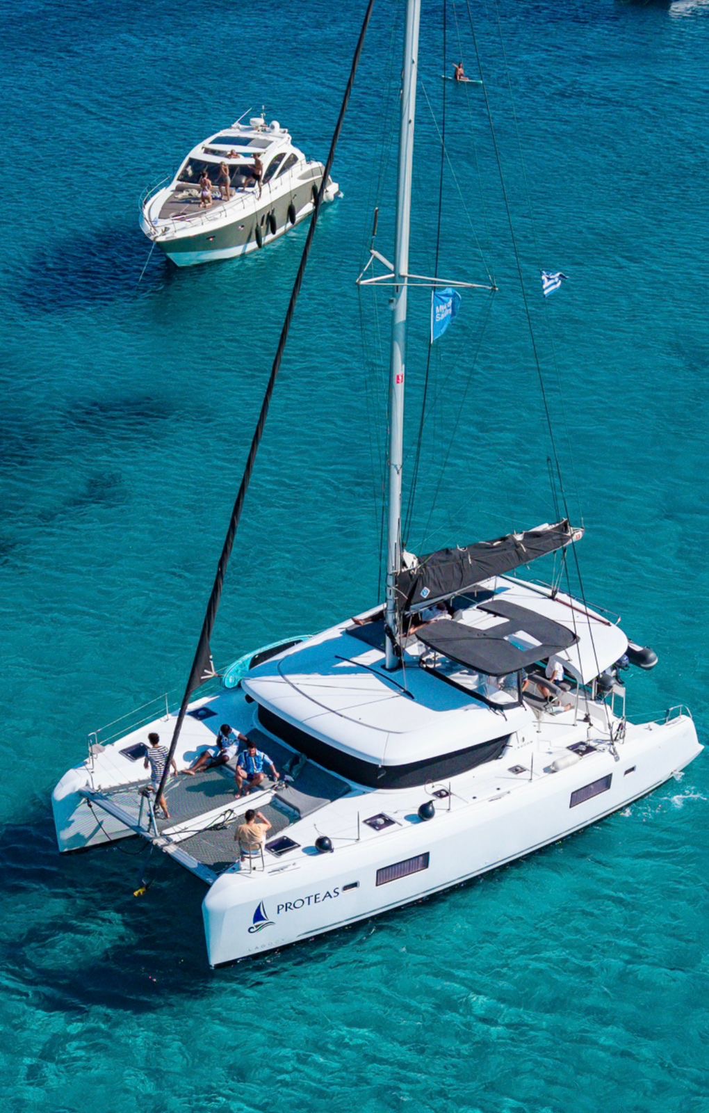 Proteas catamaran at anchor in the Cyclades